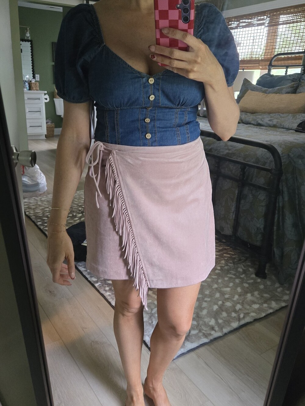Kittenish Pale Pink Fringe Wrap Mini Skirt